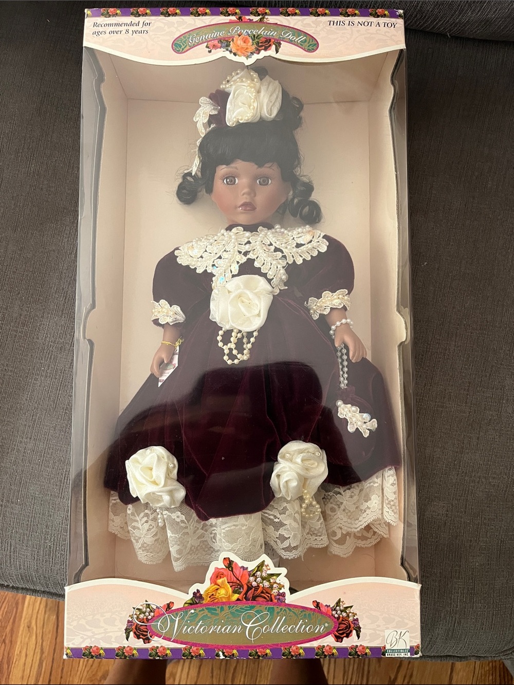 Girls Porcelain Doll in Burgundy and White Lace